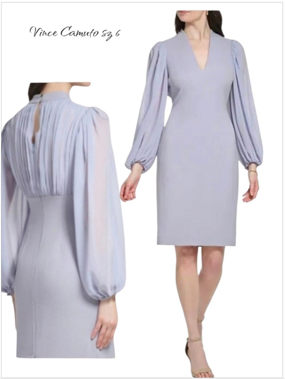 Vince Camuto Chiffon Balloon Sleeve Crepe Sheath Cocktail Dress Gray 6 NWT
